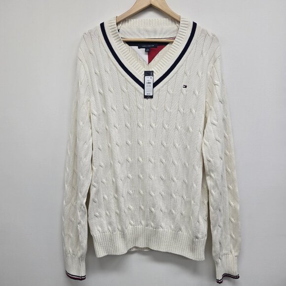 NWT Tommy Hilfiger V-Neck Cable Knit Sweater Mens XL Cream Cotton Classic Logo - Picture 1 of 9